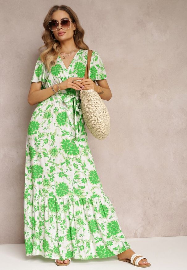 Renee - Zielona Sukienka w Kwiaty z Paskiem i Gumką w Talii z Wiskozy Agletina. Kolor: zielony. Materiał: wiskoza. Wzór: kwiaty