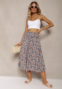 Renee - Niebiesko-Różowe Szerokie Spodnie Culotte High Waist z Gumką w Talii Vikiisona. Stan: podwyższony. Kolor: niebieski. Materiał: tkanina. Sezon: lato