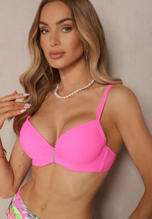 Renee - Fuksjowe Bikini z Motywem Roślinnym Biustonosz i Majtki Figi ze Ściągaczami Sadorene. Kolor: różowy. Wzór: aplikacja