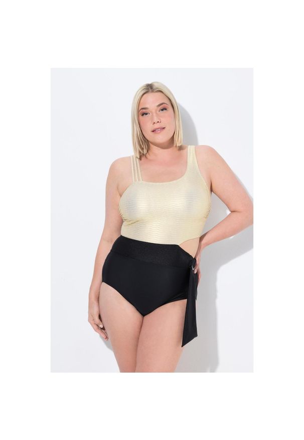 ULLA POPKEN - Damski Strój kąpielowy złoty biust miękkie miseczki wycięcie z recyklingu. Kolekcja: plus size. Kolor: czarny. Materiał: elastan, poliamid, materiał