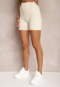 Renee - Jasnobeżowe Szorty Kolarki High Waist z Efektem Push Up Pielara. Okazja: na co dzień. Stan: podwyższony. Kolor: beżowy. Długość: krótkie. Sezon: lato. Styl: sportowy, casual, elegancki #5