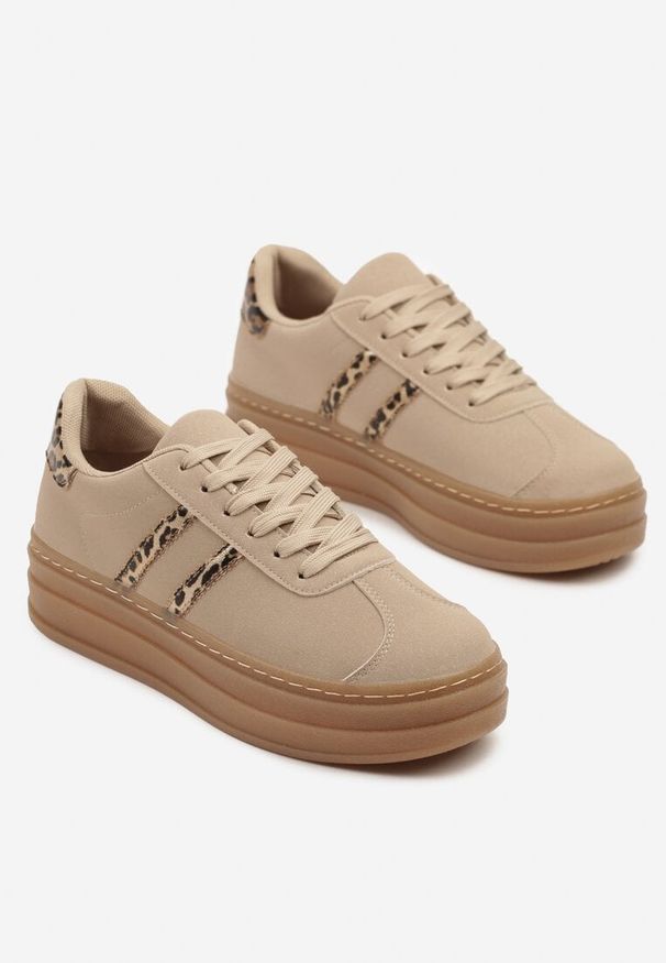 Born2be - Ciemnobeżowe Sneakersy na Grubej Podeszwie z Ozdobnym Wzorem Felimala. Okazja: na co dzień. Kolor: beżowy. Materiał: jeans