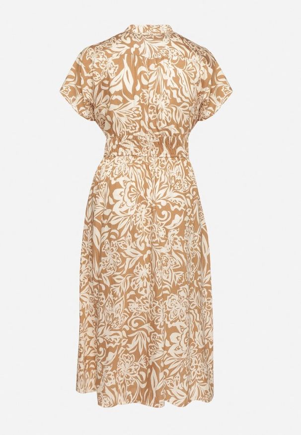 Born2be - Beżowa Sukienka Wiskozowa w Kwiaty Rozkloszowana Efrisa. Okazja: na co dzień. Typ kołnierza: dekolt w kształcie V. Kolor: beżowy. Wzór: kwiaty. Typ sukienki: rozkloszowane. Materiał: wiskoza. Długość rękawa: krótki rękaw. Sezon: lato. Styl: casual, elegancki