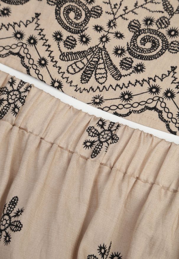 Renee - Beżowy Haftowany Komplet Letni z Wiskozy Bluzka Bez Rękawów i Spódnica Rahmiel. Kolor: beżowy. Materiał: wiskoza. Wzór: haft