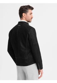 Ombre Clothing - Kurtka męska biker ze stójką w stylu retro – czarna V2. Typ kołnierza: kołnierzyk stójkowy. Kolor: czarny. Materiał: skóra, poliester, materiał. Styl: retro #3