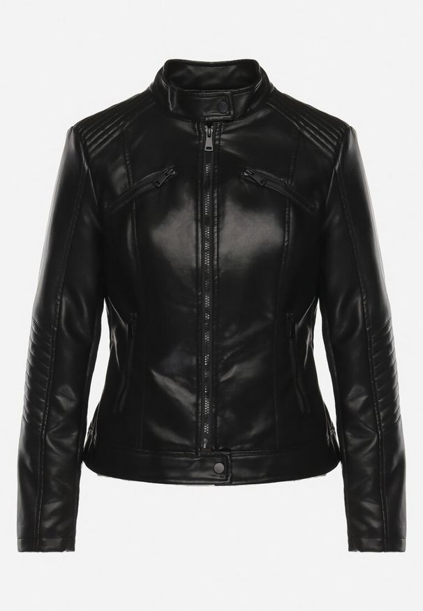 Born2be - Czarna Kurtka Ramoneska Taliowana z Ekoskóry Zapinana pod Szyją Ternia. Kolor: czarny. Materiał: jeans. Długość rękawa: długi rękaw. Długość: długie. Styl: elegancki