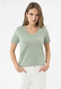 Volcano - Koszulka z dekoltem w serek T-LEA. Typ kołnierza: dekolt w serek. Materiał: elastan, bawełna, skóra, materiał. Długość rękawa: krótki rękaw. Długość: krótkie. Wzór: gładki. Styl: klasyczny #1