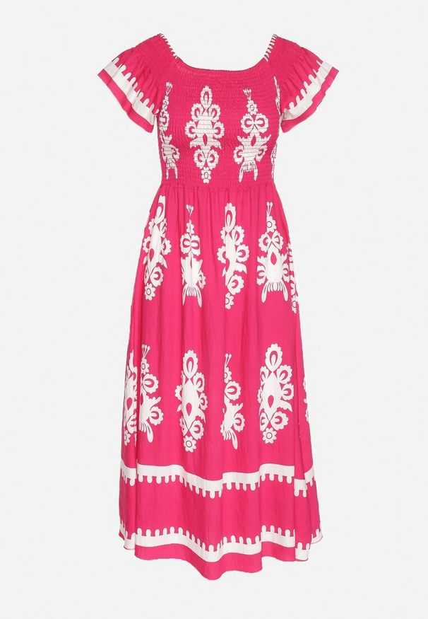 Born2be - Różowa Wiskozowa Sukienka w Ornamentalne Wzory o Rozkloszowanym Kroju Divessa. Kolor: różowy. Materiał: wiskoza. Długość rękawa: krótki rękaw. Typ sukienki: proste