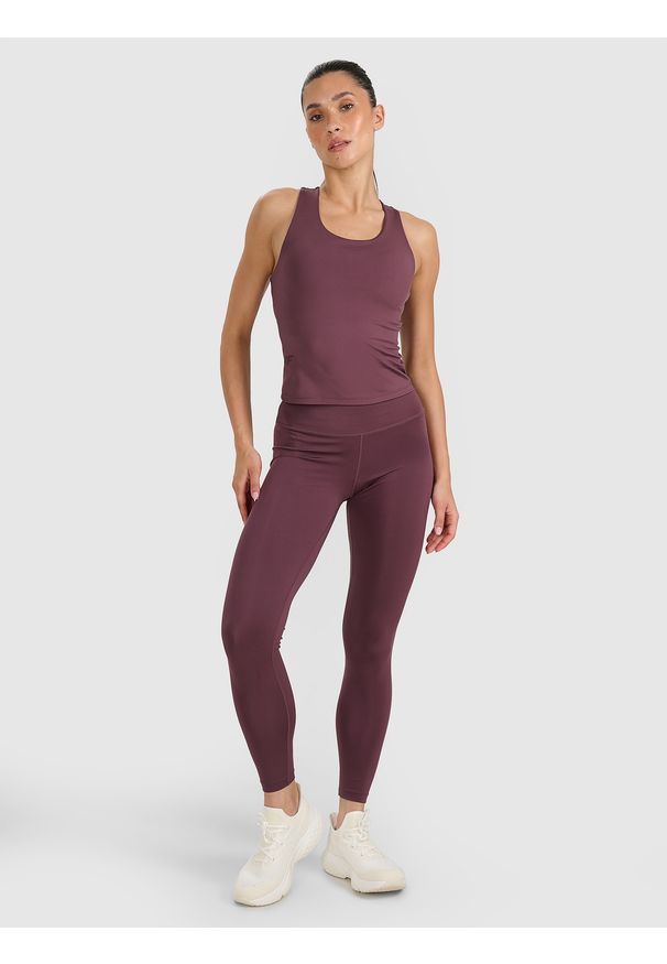 4f - 4F Legginsy treningowe szybkoschnące damskie - brązowe XL. Stan: podwyższony. Kolor: brązowy. Materiał: dzianina, materiał, syntetyk, włókno, elastan. Wzór: gładki, ze splotem. Sport: fitness