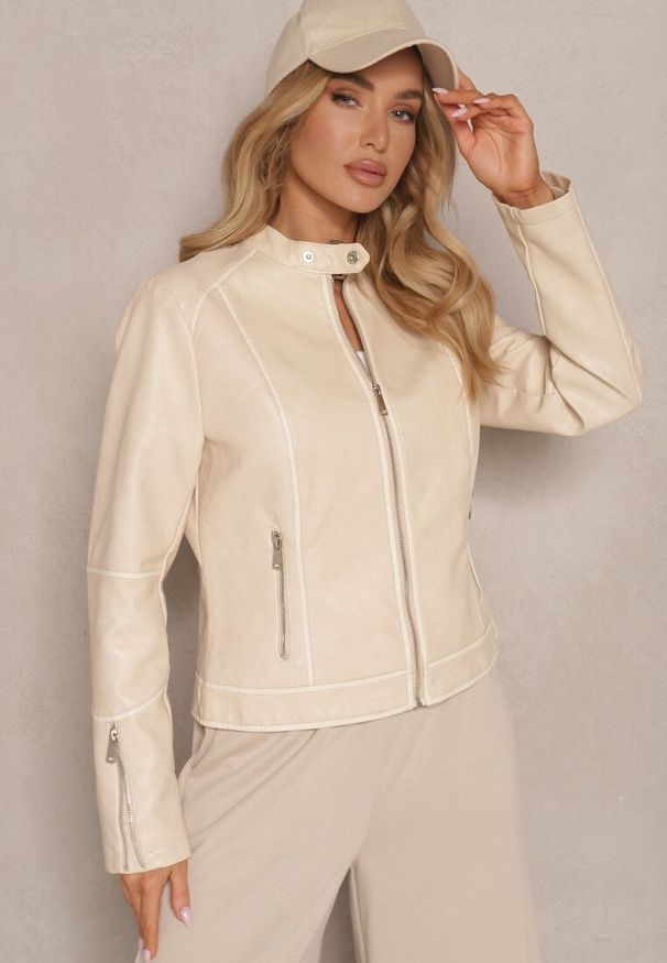 Renee - Beżowa Kurtka w Stylu Ramoneski z Ozdobnymi Paskiem i Suwakami Idivane. Okazja: na co dzień. Kolor: beżowy. Materiał: jeans. Styl: rockowy, casual