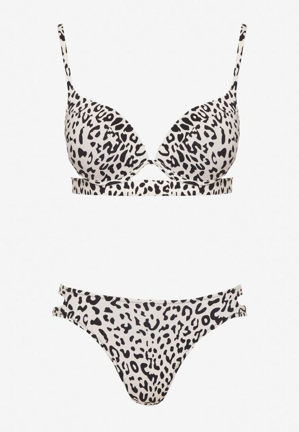 Born2be - Jasnobeżowe Bikini w Panterkę Biustonosz i Majtki Figi z Wycięciami Savettea. Kolor: beżowy. Wzór: motyw zwierzęcy