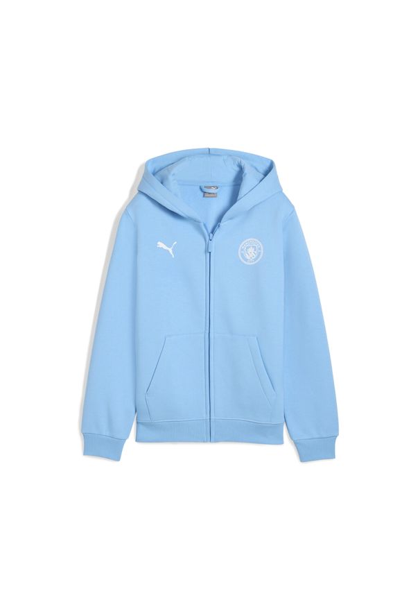 Puma - Młodzieżowa kurtka Manchester City FtblEssentials z kapturem PUMA. Typ kołnierza: kaptur. Kolor: wielokolorowy, niebieski, biały. Sport: bieganie