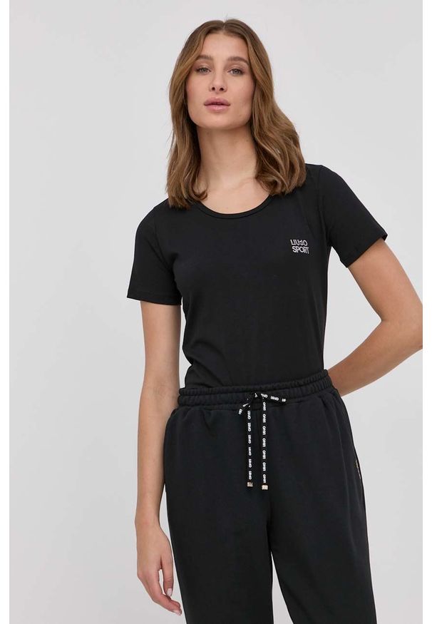 Liu Jo t-shirt damski kolor czarny. Okazja: na co dzień. Kolor: czarny. Materiał: dzianina. Długość rękawa: krótki rękaw. Długość: krótkie. Wzór: aplikacja. Styl: casual