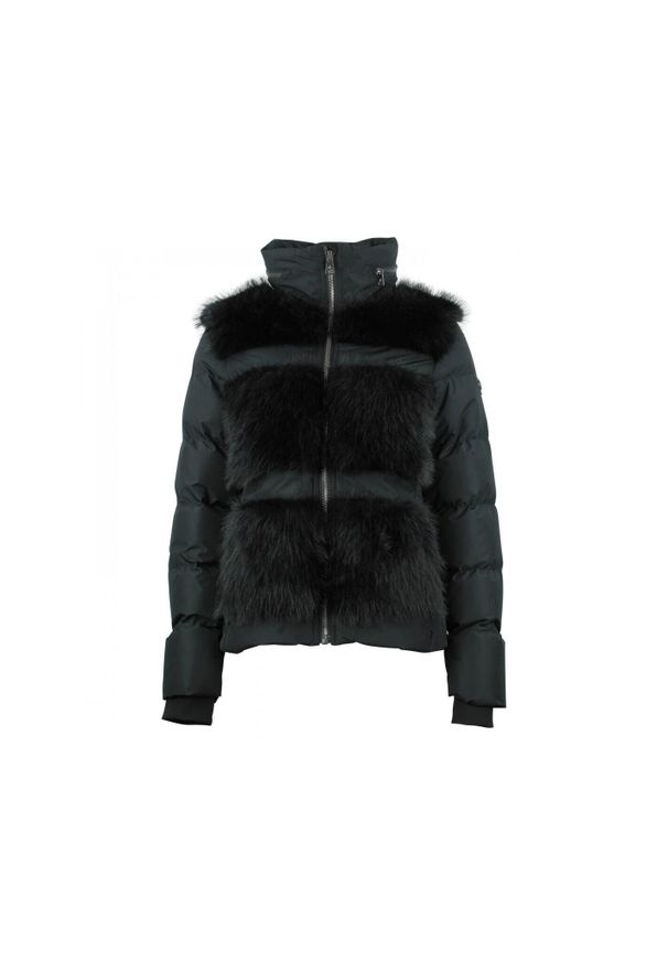 PEAK MOUNTAIN - Damska kurtka futrzana ze zintegrowanym kapturem Peak Mountain. Typ kołnierza: kołnierzyk stójkowy. Kolor: czarny. Materiał: futro. Sport: turystyka piesza