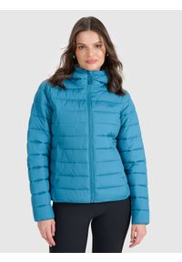 4f - 4F Kurtka puchowa z wypełnieniem syntetycznym damska - turkusowa S. Okazja: na co dzień. Typ kołnierza: kołnierzyk stójkowy, kaptur. Kolor: turkusowy. Materiał: puch, syntetyk. Długość: długie. Styl: casual, klasyczny, sportowy #1