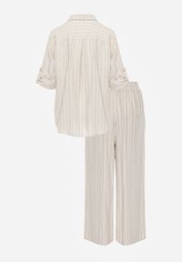 Born2be - Jasnobeżowy Wiskozowo-Lniany Komplet w Paski Koszula i Szerokie Spodnie Terasea. Kolor: beżowy. Materiał: wiskoza, len. Wzór: paski #5