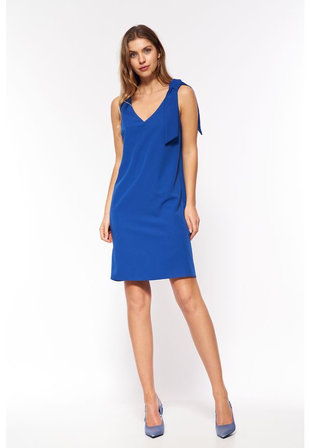 Nife - Trapezowa Mini Sukienka z Szarfą - Chabrowa. Kolor: niebieski. Materiał: poliester, elastan, wiskoza. Typ sukienki: trapezowe. Długość: mini