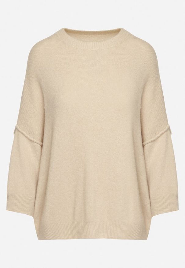 Born2be - Beżowy Sweter z Rękawami 7/8 z Domieszką Wełny Irilliane. Kolor: beżowy. Materiał: wełna. Styl: elegancki