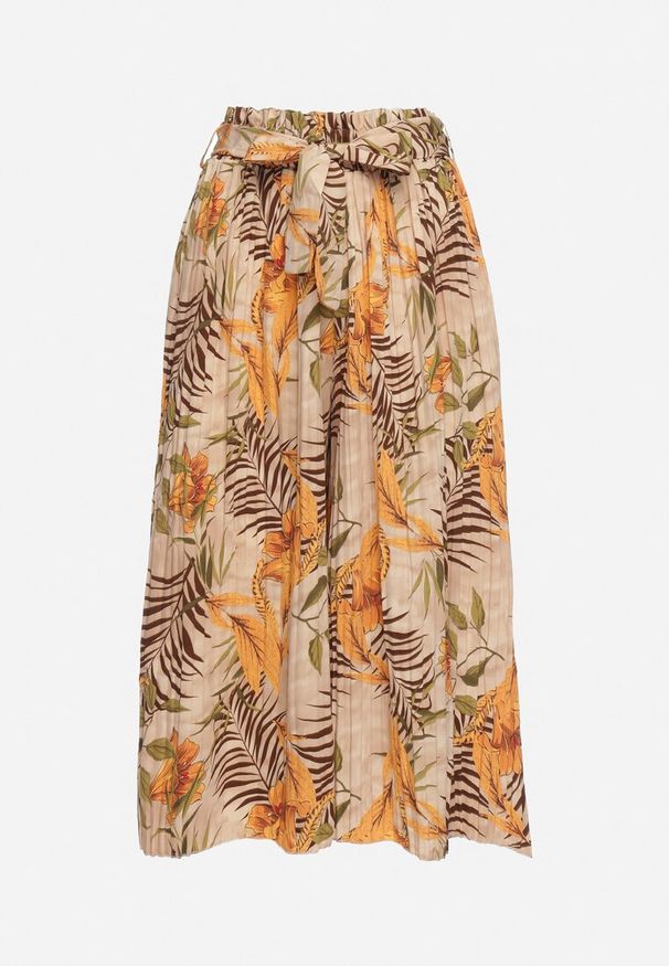 Born2be - Beżowe Szerokie Spodnie z Wysokim Stanem z Gumką i Materiałowym Paskiem w Talii Asrefia. Okazja: na co dzień. Stan: podwyższony. Kolor: beżowy. Materiał: materiał. Sezon: lato. Styl: casual