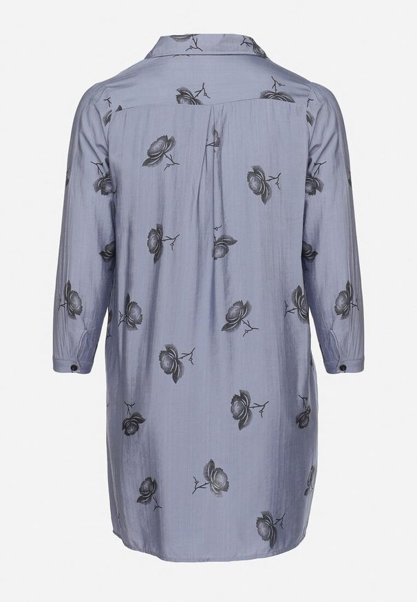 Born2be - Granatowa Koszulowa Sukienka z Guzikami i Regulowanymi Rękawami Xatella. Kolekcja: plus size. Kolor: niebieski. Wzór: kwiaty. Typ sukienki: koszulowe