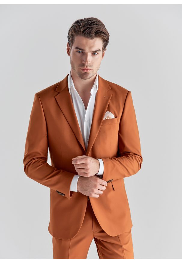 Pako Lorente - PAKO LORENTE – Pomarańczowa marynarka garniturowa P22SF-3G-021-P-S. Okazja: na wesele, na ślub cywilny. Kolor: pomarańczowy. Materiał: poliester, wiskoza, elastan