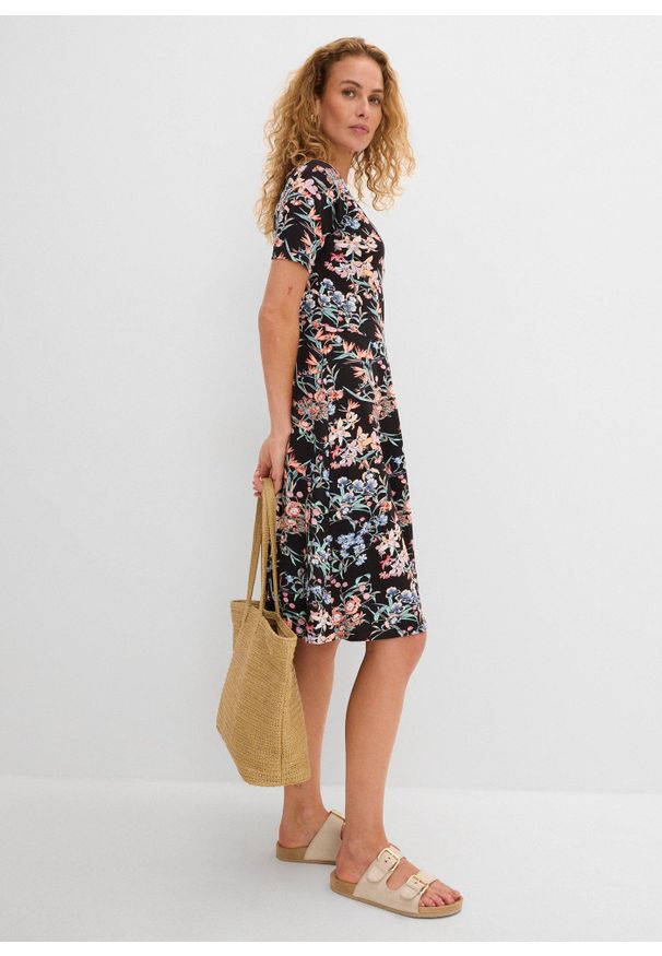 bonprix - Trapezowa sukienka w długości do kolan, z dżerseju. Kolor: czarny. Materiał: jersey. Typ sukienki: trapezowe. Długość: midi