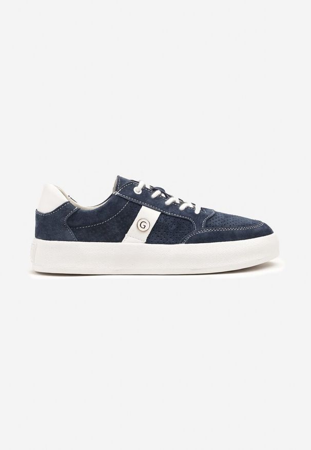 Born2be - Granatowe Skórzane Sneakersy z Metaliczną Aplikacją Wortevia. Okazja: na co dzień. Kolor: niebieski. Materiał: skóra. Wzór: aplikacja. Obcas: na obcasie. Wysokość obcasa: niski