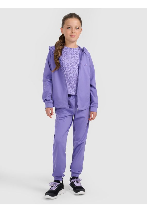 4f - 4F Spodnie sportowe joggery dziewczęce - fioletowe 158/164 (12-14 lat). Kolor: fioletowy. Materiał: dzianina, skóra. Długość: długie. Sezon: lato