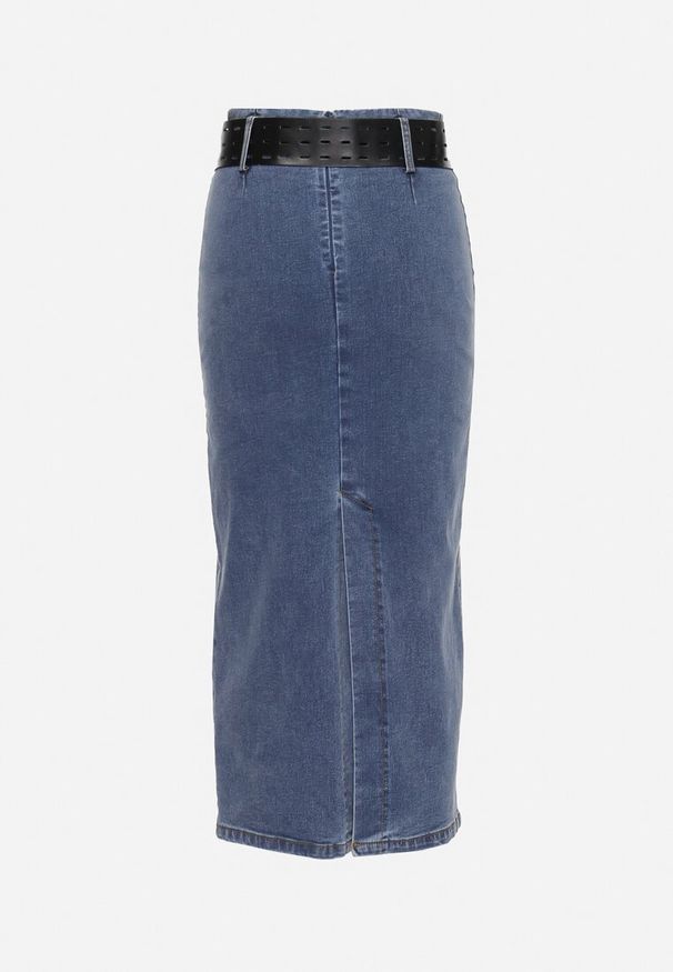 Born2be - Niebieska Midi Spódnica Ołówkowa Jeansowa z Bawełny z Ażurowym Paskiem Verailla. Kolor: niebieski. Materiał: jeans, bawełna. Wzór: ażurowy. Styl: elegancki
