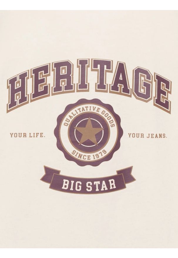 Big-Star - Koszulka męska z nadrukiem kremowa Feren 103. Okazja: na co dzień. Kolor: kremowy. Materiał: bawełna, jeans. Długość: długie. Wzór: nadruk. Styl: casual, klasyczny