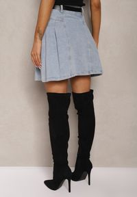 Renee - Jasnoniebieska Bawełniana Spódnica Jeansowa High Waist o Rozkloszowanym Fasonie Risat. Stan: podwyższony. Kolor: niebieski. Materiał: bawełna, jeans #4