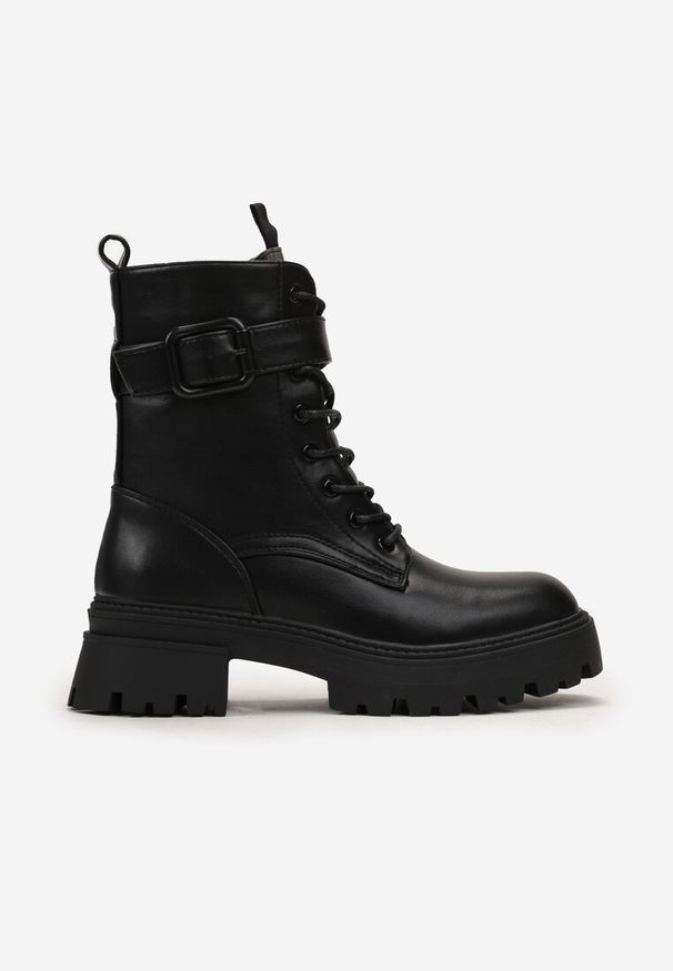 Born2be - Czarne Botki Workery z Ozdobnym Paskiem z Klamrą Feillis. Zapięcie: klamry. Kolor: czarny. Materiał: jeans. Obcas: na obcasie. Styl: klasyczny, elegancki. Wysokość obcasa: średni