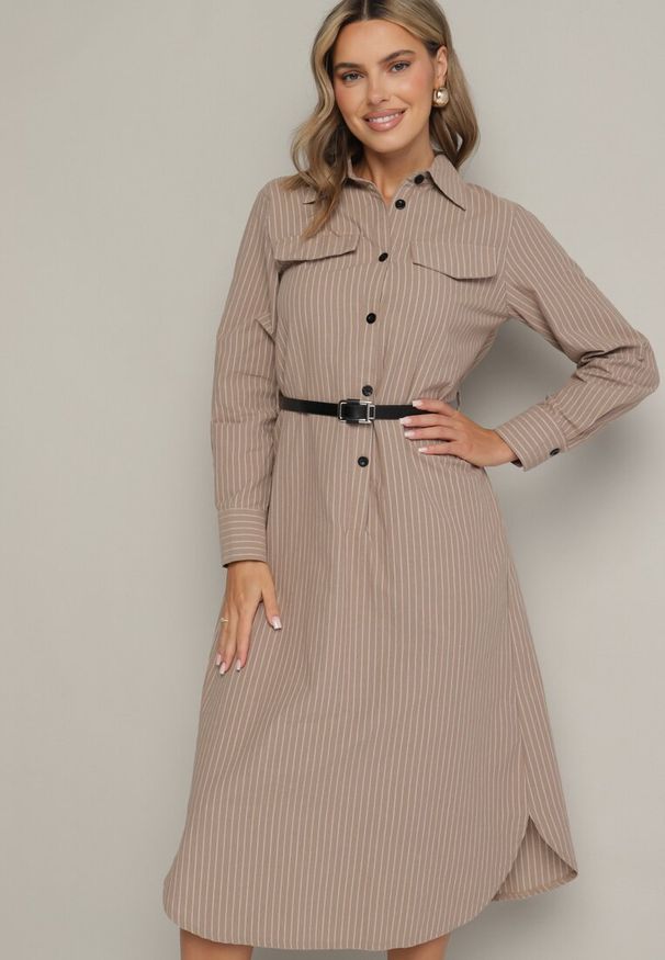 Born2be - Ciemnobeżowa Koszulowa Sukienka na Guziki z Paskiem i Imitacją Kieszeni Tintarra. Kolor: beżowy. Typ sukienki: koszulowe. Styl: sportowy, klasyczny, elegancki