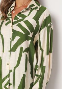 Born2be - Zielono-Beżowy Wiskozowy Komplet Koszula z Dłuższym Tyłem Spodnie z Gumką w Talii Kolefia. Kolor: zielony. Materiał: wiskoza #3