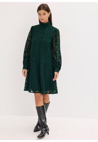 bonprix - Sukienka mini z koronki. Typ kołnierza: kołnierzyk stójkowy. Kolor: zielony. Materiał: koronka. Długość rękawa: długi rękaw. Wzór: koronka. Długość: mini #3