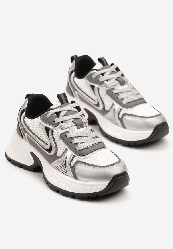 Renee - Biało-Srebrne Sneakersy na Profilowanej Podeszwie z Siateczkowymi Wstawkami Parinella. Kolor: biały