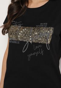Born2be - Czarny T-shirt z Bawełny Typu Nietoperz z Cyrkoniami i Perełkami Linellis. Okazja: na co dzień. Kolor: czarny. Materiał: bawełna. Wzór: aplikacja. Styl: casual #6