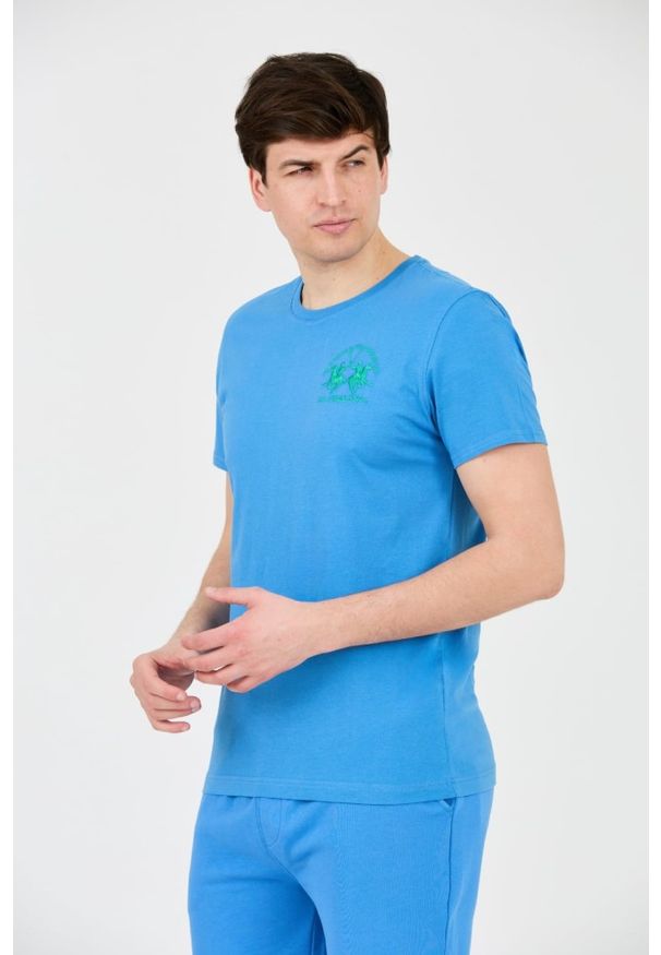 La Martina - LA MARTINA Błękitny męski t-shirt z dużym logo, Rozmiar M. Kolor: niebieski