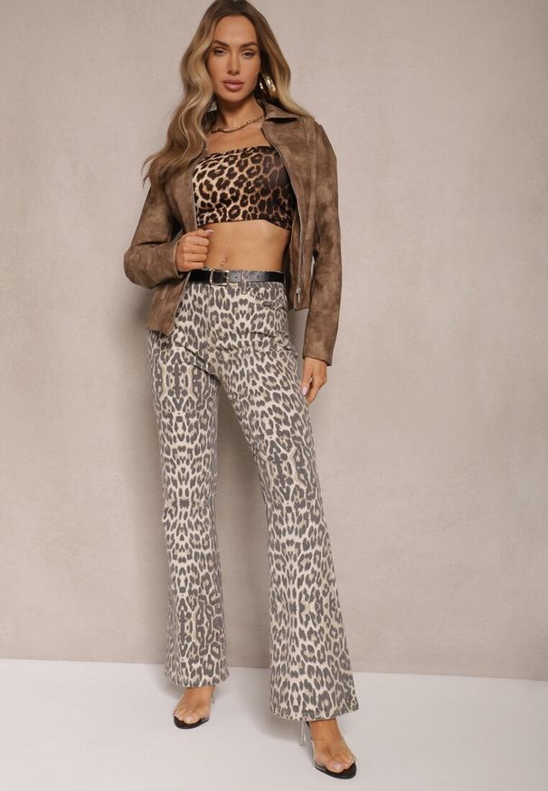 Renee - Panterkowe Jeansy Typu Dzwony z Bawełny High Waist Soparae. Okazja: na co dzień. Stan: podwyższony. Wzór: motyw zwierzęcy. Styl: casual