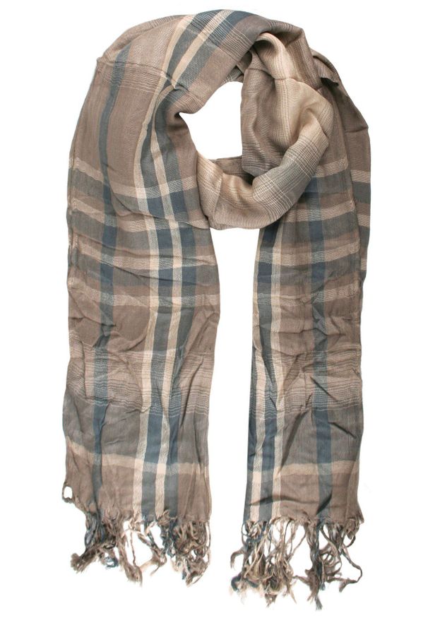 Lekki Szalik Wiosenno-Jesienny - Teer - Stonowana Kolorystyka w Kratę. Okazja: na spacer. Materiał: wiskoza. Wzór: prążki, paski. Sezon: wiosna, jesień. Styl: elegancki