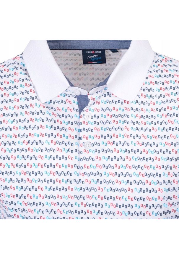 Koszulka Polo - Męska - Pako Jeans - Biała w Drobny Wzór. Okazja: na co dzień. Typ kołnierza: polo. Kolor: biały. Materiał: bawełna. Styl: casual