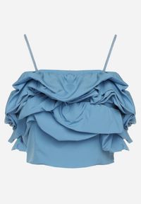 Born2be - Niebieska Bluzka Top z Regulowanymi Ramiączkami i Szeroką Falbaną przy Dekolcie Samilla. Kolor: niebieski. Długość rękawa: na ramiączkach. Wzór: aplikacja. Sezon: wiosna, lato #3