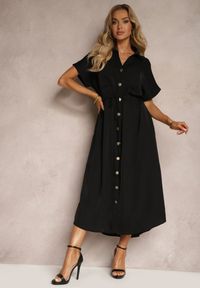 Renee - Czarna Sukienka Koszulowa z Materiałowym Paskiem Zapinana na Guziki Quintia. Okazja: na co dzień. Kolor: czarny. Materiał: materiał. Typ sukienki: koszulowe. Styl: klasyczny, casual, elegancki