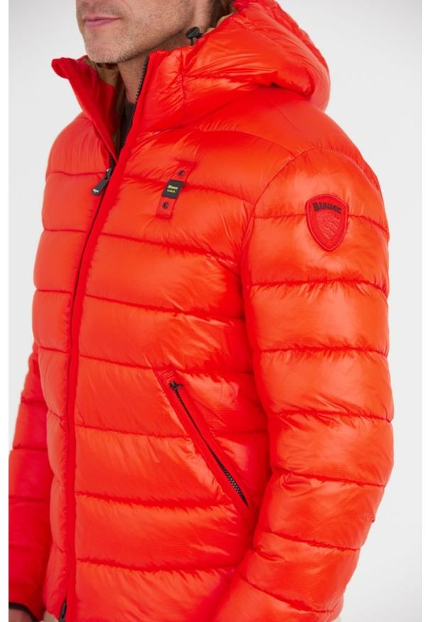 Blauer USA - BLAUER Pomarańczowa puchowa kurtka męska Virgil z kapturem. Typ kołnierza: kaptur. Kolor: pomarańczowy. Materiał: puch