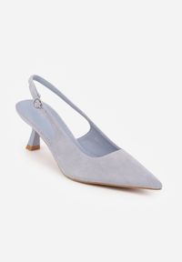 Renee - Niebieskie Czółenka Slingback na Kaczuszce z Imitacji Zamszu Mairiko. Nosek buta: szpiczasty. Zapięcie: sprzączka. Kolor: niebieski. Materiał: zamsz. Sezon: lato. Obcas: na szpilce. Wysokość obcasa: średni #2