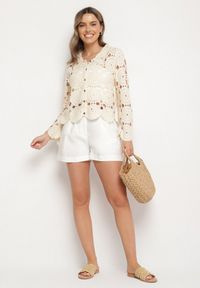 Born2be - Beżowa Ażurowa Koszula z Bawełny w Stylu Boho Banaviela. Okazja: na co dzień. Typ kołnierza: kołnierzyk klasyczny. Kolor: beżowy. Materiał: bawełna. Długość rękawa: długi rękaw. Długość: długie. Wzór: ażurowy. Styl: boho