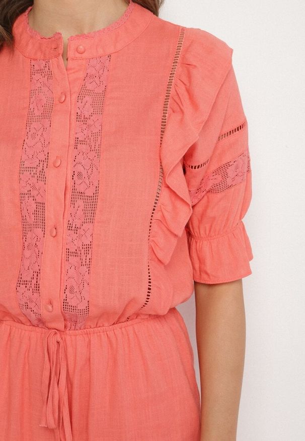Born2be - Pomarańczowy Kombinezon z Lnu i Wiskozy w Stylu Boho z Falbankami i Koronką Linalisse. Okazja: na co dzień. Kolor: pomarańczowy. Materiał: wiskoza, len, koronka. Wzór: koronka. Styl: boho
