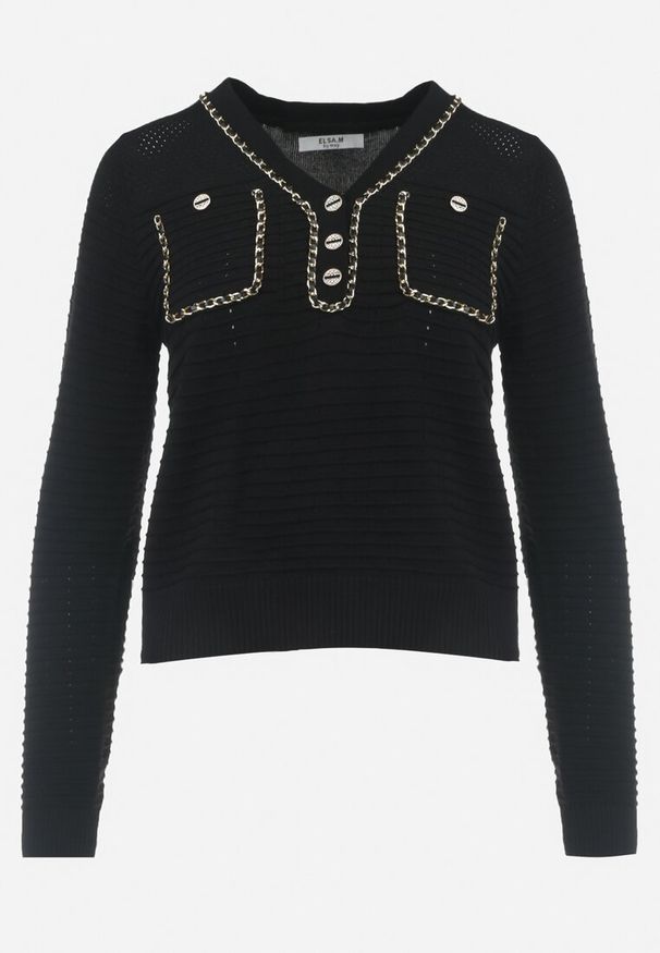 Born2be - Czarny Sweter w Stylu Retro z Ozdobnym Łańcuszkiem Elioraca. Kolor: czarny. Materiał: materiał. Sezon: zima. Styl: retro