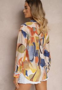 Renee - Beżowo-Granatowa Koszula o Klasycznym Fasonie w Abstrakcyjny Wzór Ratevia. Kolor: beżowy. Styl: klasyczny #5
