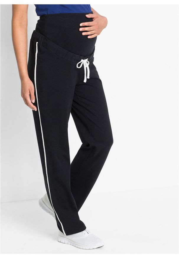 bonprix - Spodnie dresowe ciążowe ze stretchem, z bawełny organicznej, Straight Leg. Kolekcja: moda ciążowa. Kolor: czarny. Materiał: bawełna, dresówka